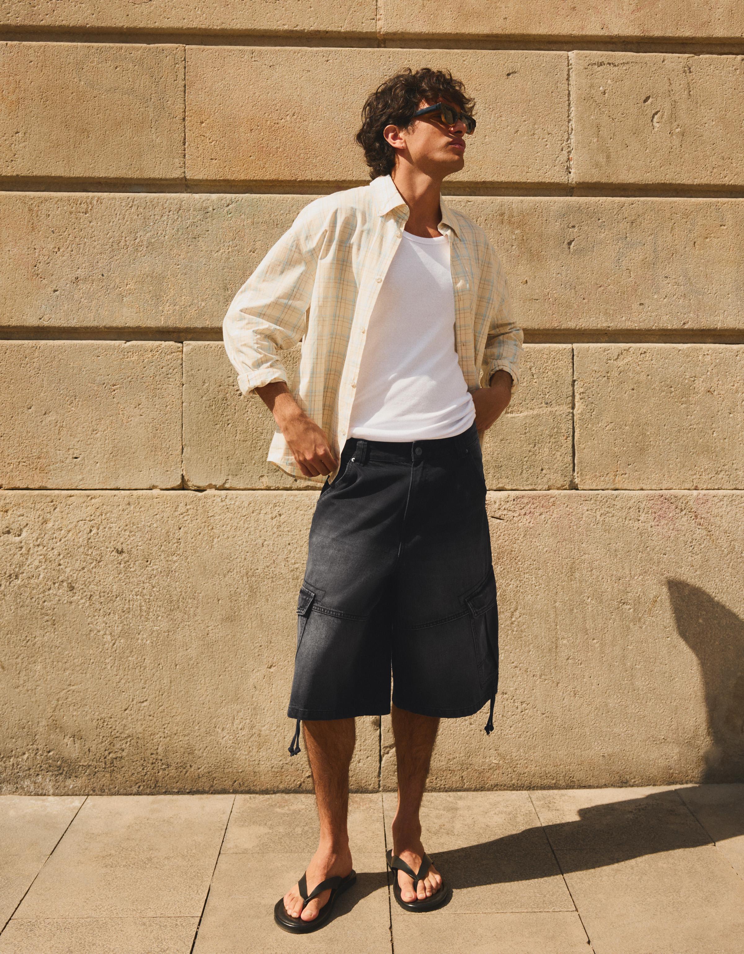 Bermuda Denim Cargo Parachute Hombre 32 Negro