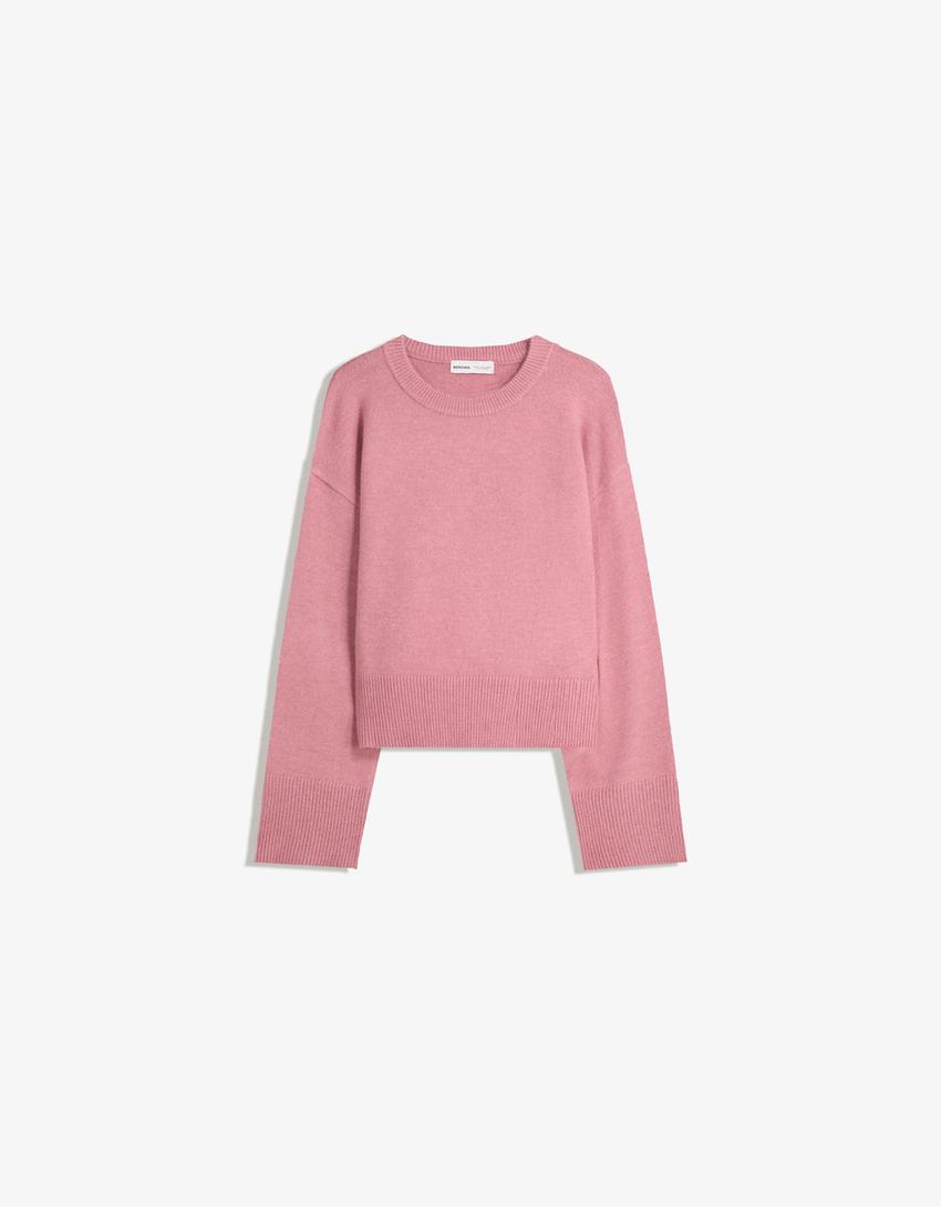 Oversize sweater with ribbed hem-Pink