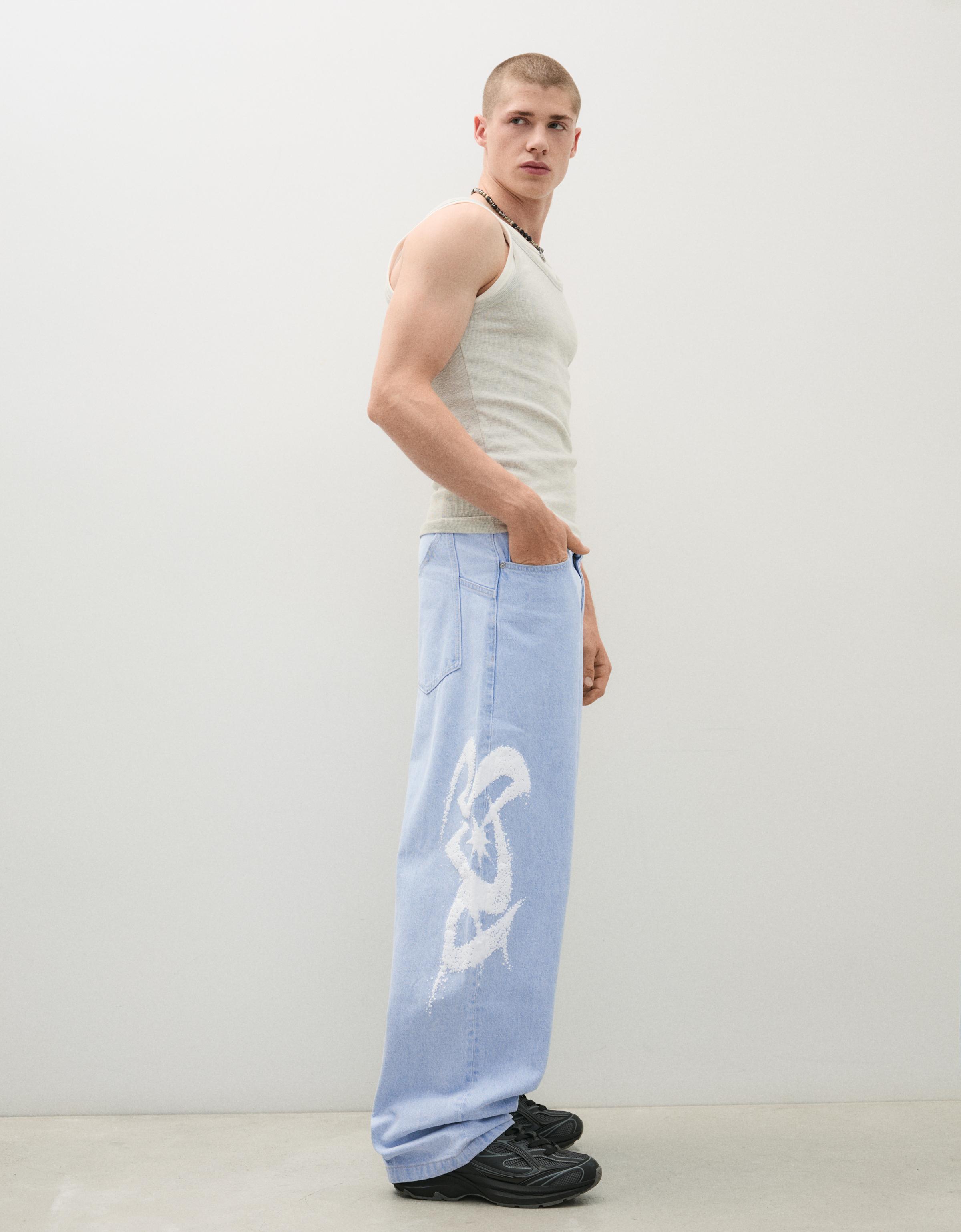 Bershka Jeans Super Baggy Print Lateral Hombre Azul Claro