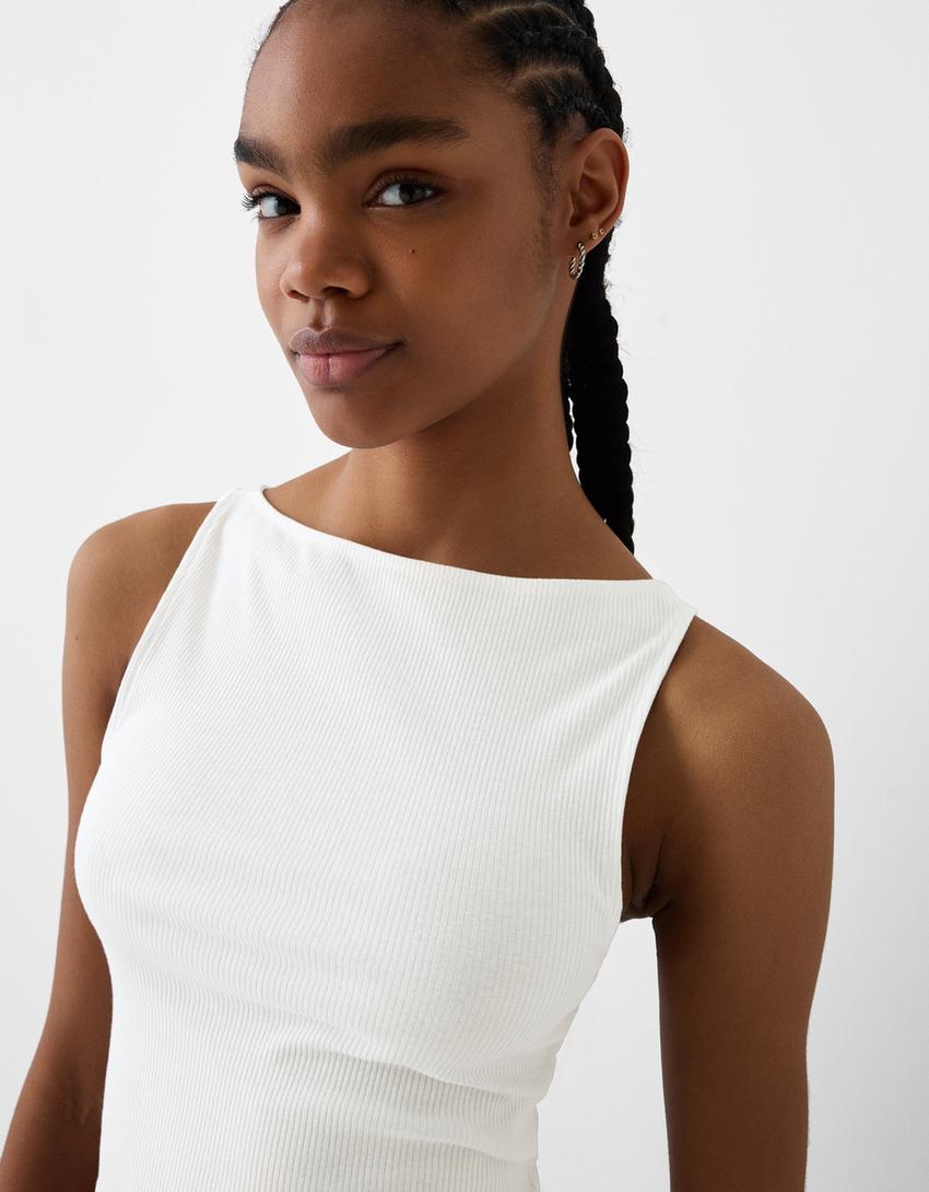 Sleeveless ribbed T-shirt-Off white-2