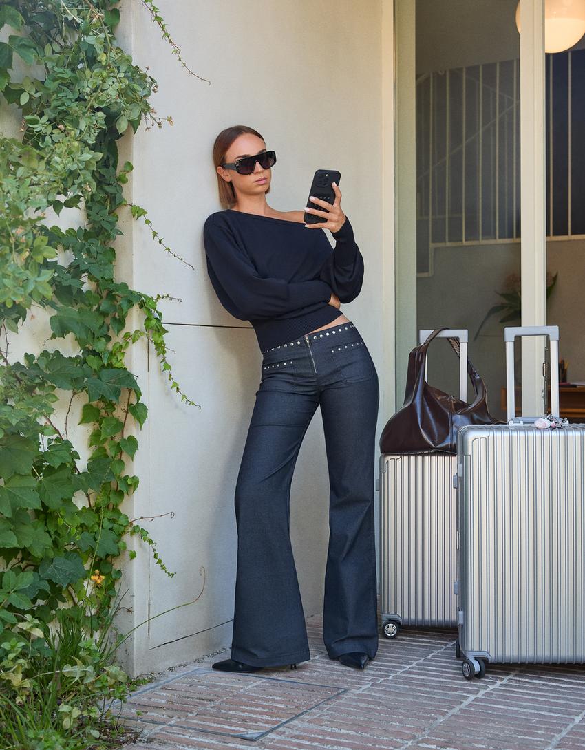 Pantalon stretch taille cloutée-Gris foncé-0