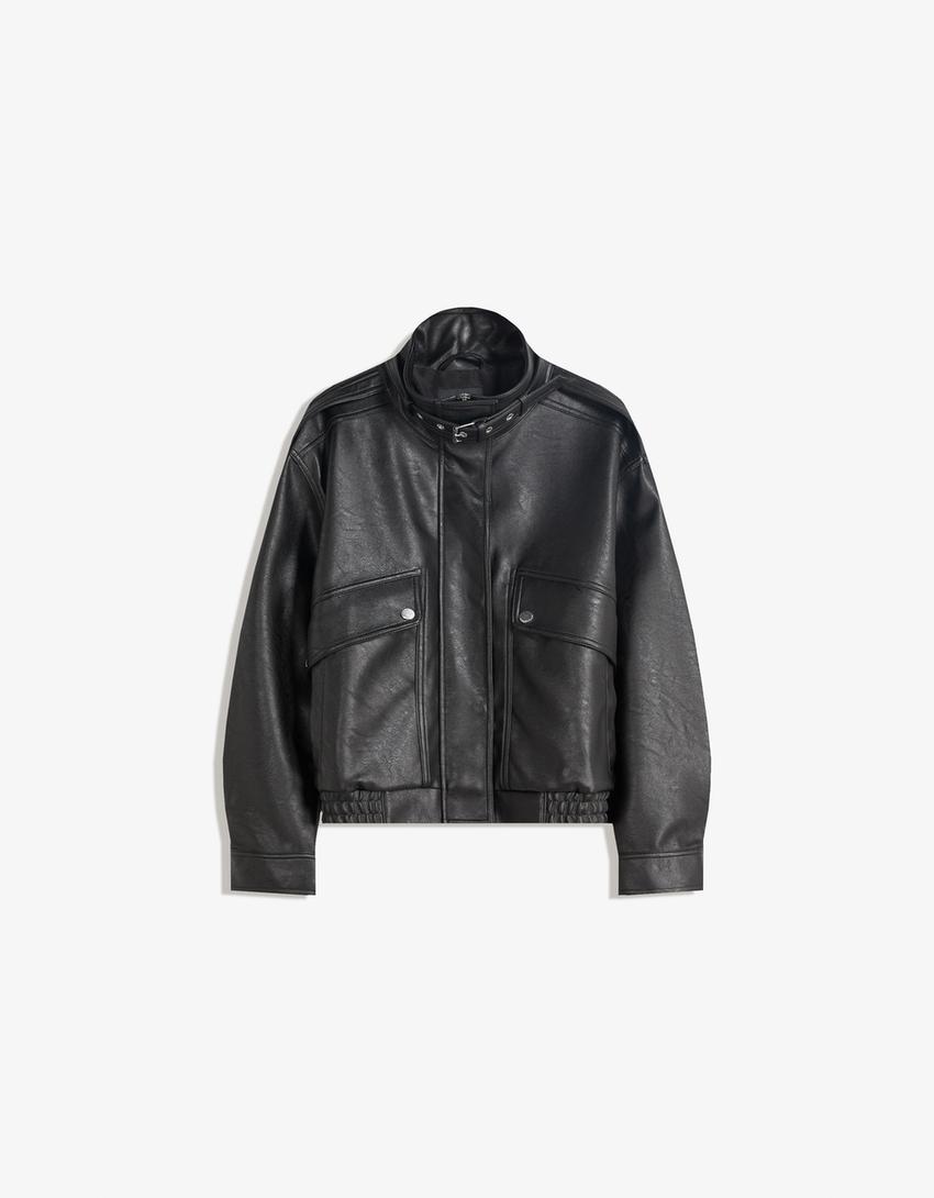 Giubbotto finta pelle tasche-Nero-4
