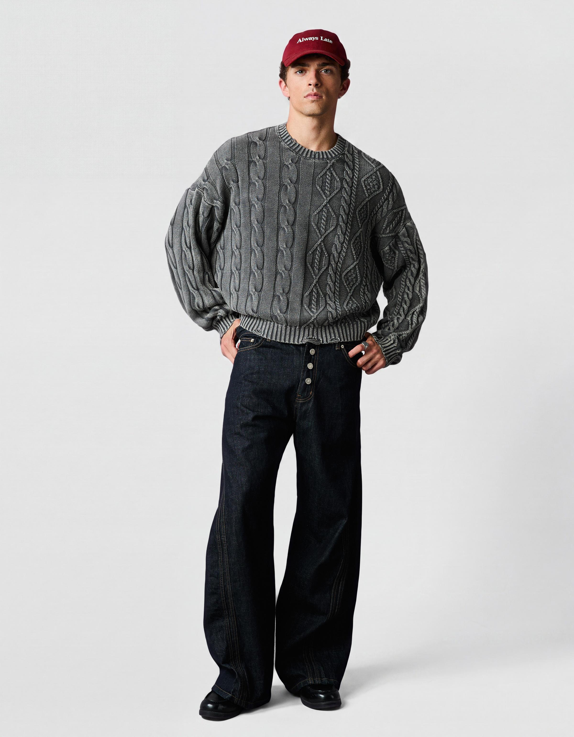 Washed-effect cable-knit jumper — Dark grey
