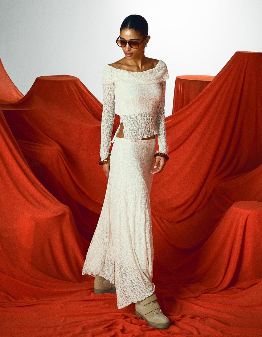 Long sleeve lace bandeau neckline T-shirt-Cream-1