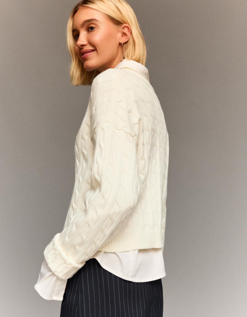 Pull torsadé brodé-Écru