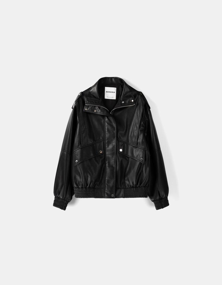 Faux leather dad fit jacket-Black-5