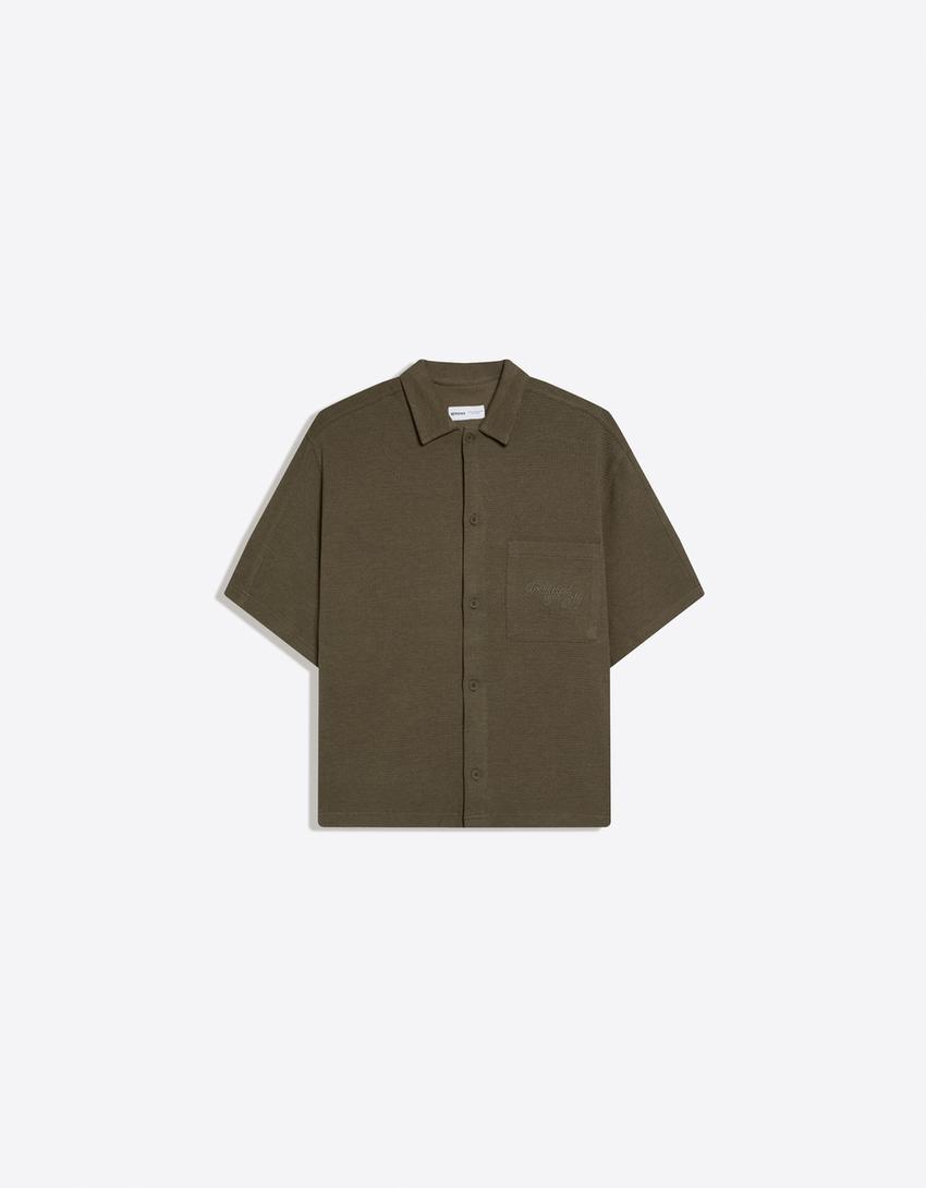 Waffle-knit short sleeve shirt-Khaki
