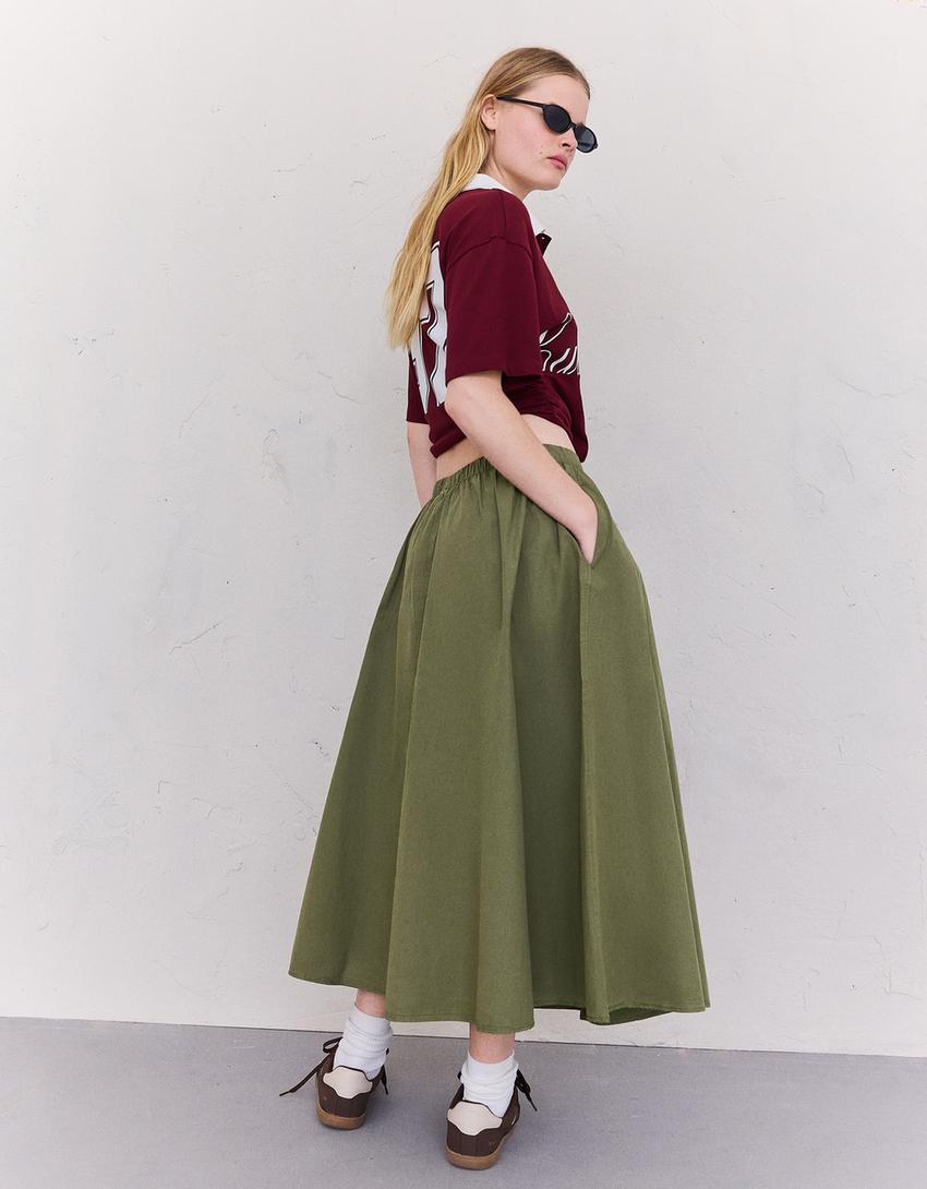 Spódnica midi z elastycznym pasem-Khaki