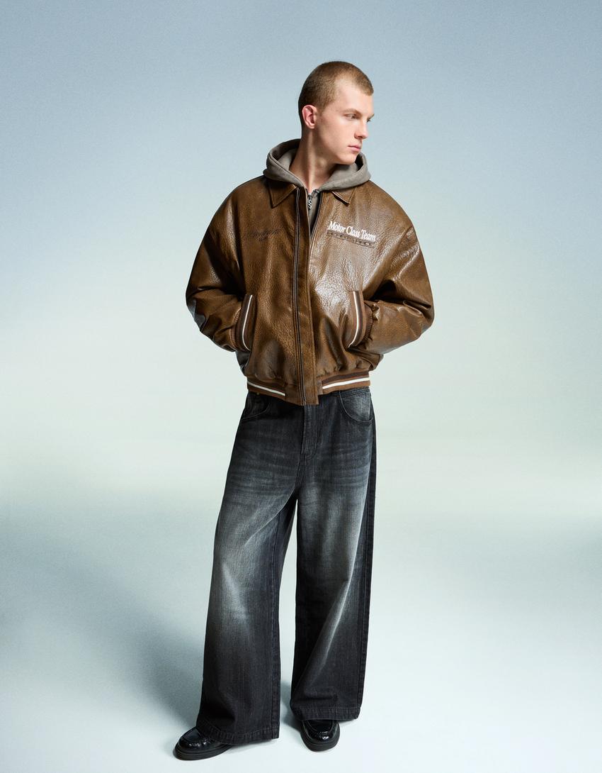 Leather effect embroidered jacket-Camel-2