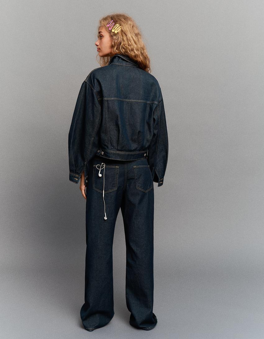 Cropped balloon denim jacket-Navy