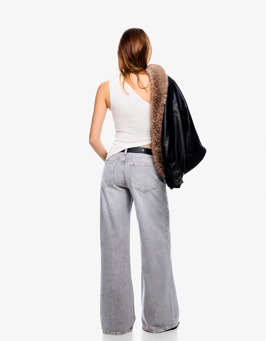 Jeans wide leg-Cinza
