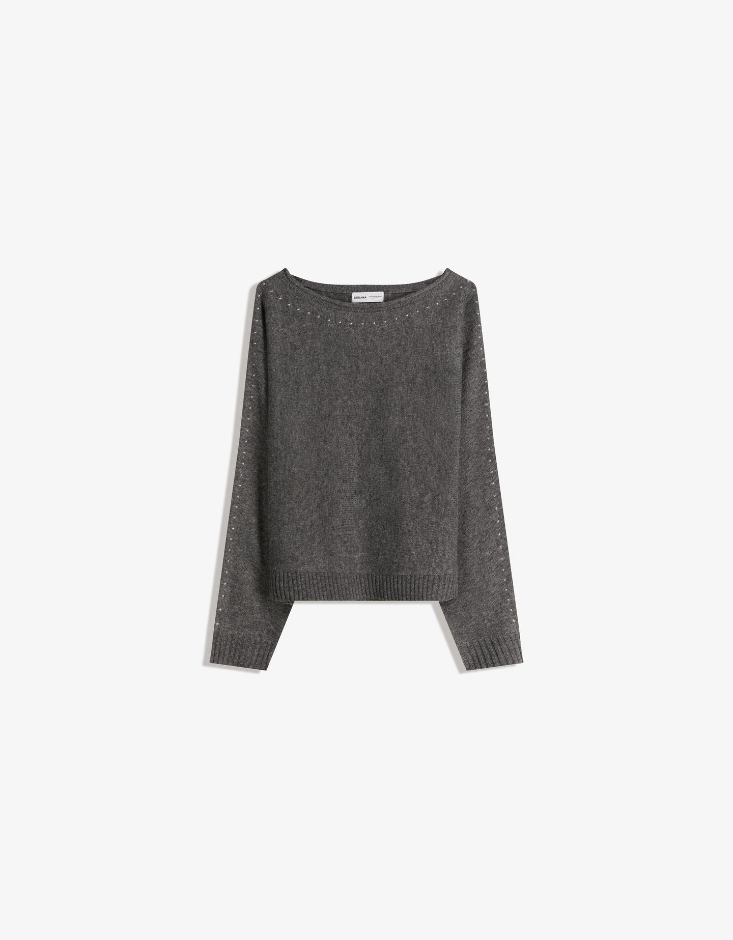 Bershka Jersey Cuello Barco Tachas Mujer Xs Gris Oscuro