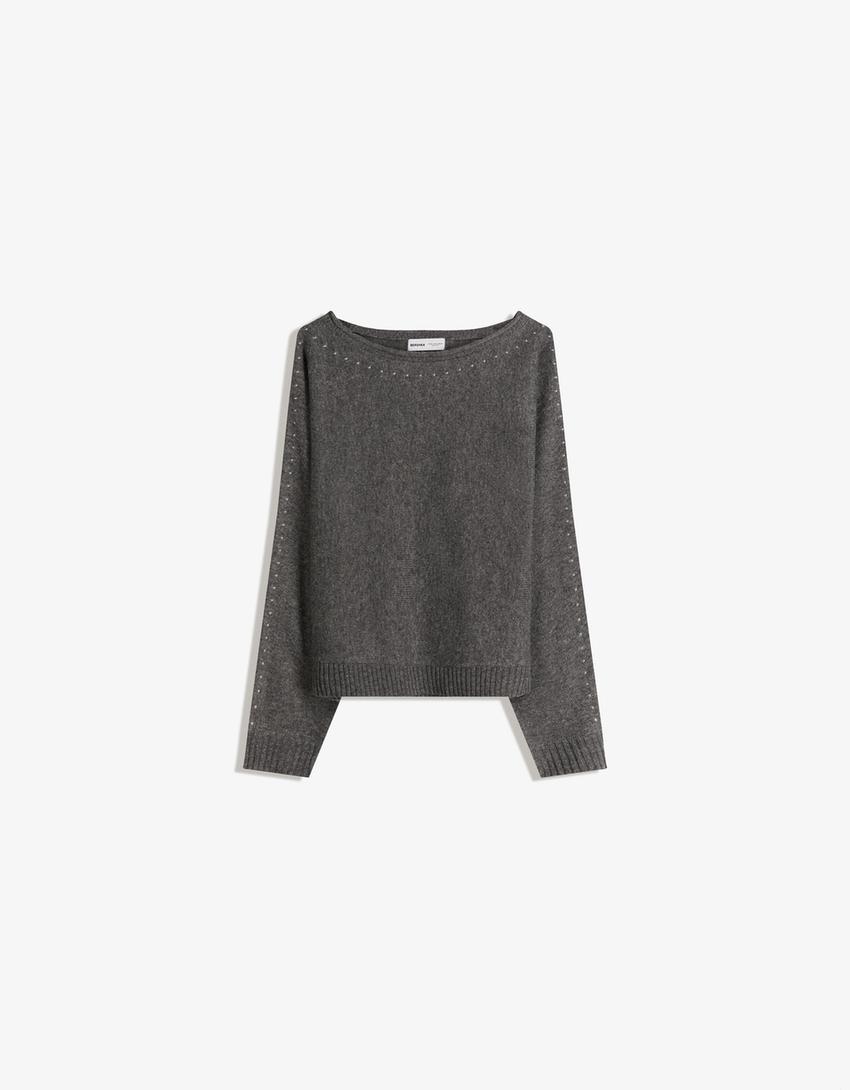 Boatneck sweater with studs-Dark grey