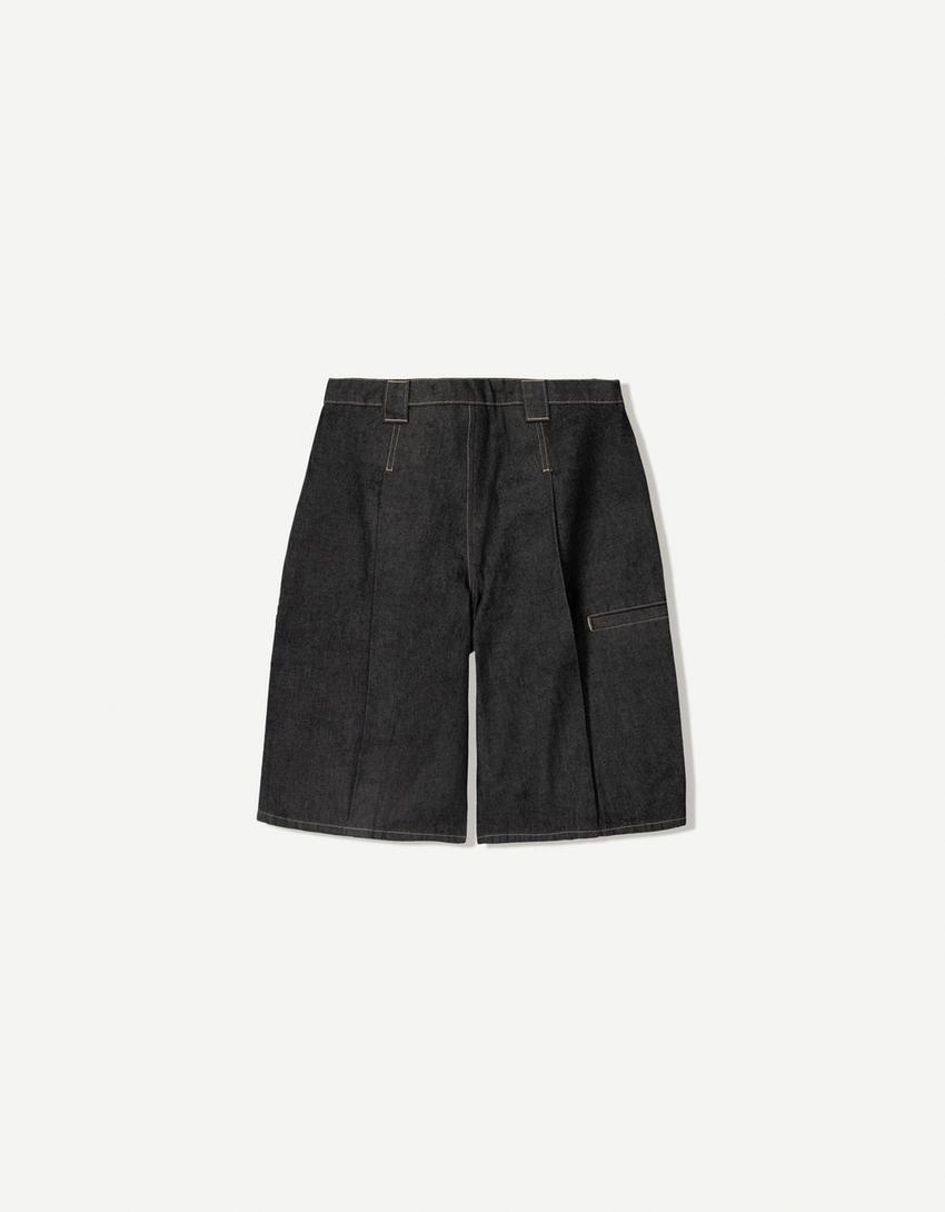 Pleated denim Bermuda shorts-Navy-3