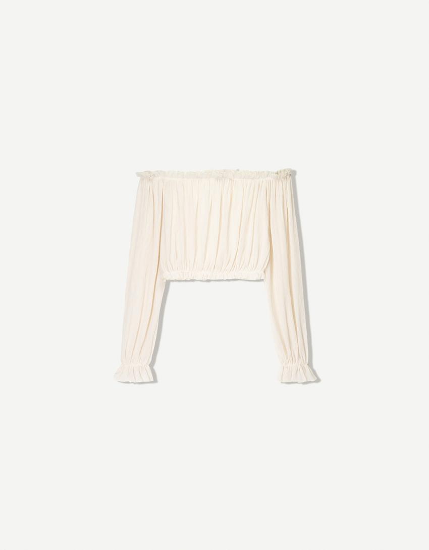 Geplooid T-shirt met blote schouders en lange mouw-Ecru-4
