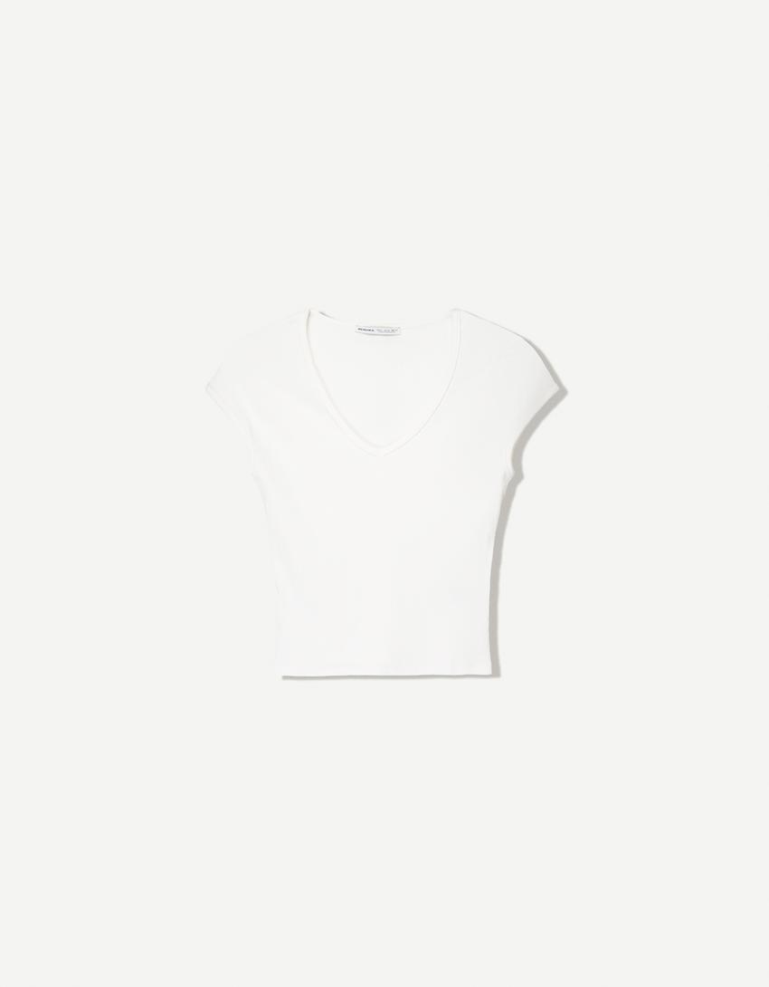 T-Shirt mit V-Ausschnitt-Grbrochenes Weiss-3