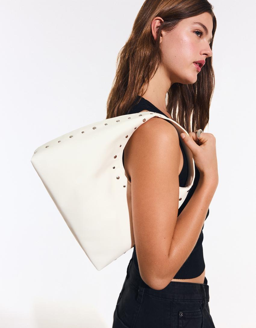 Studded leather effect bucket bag-Cream