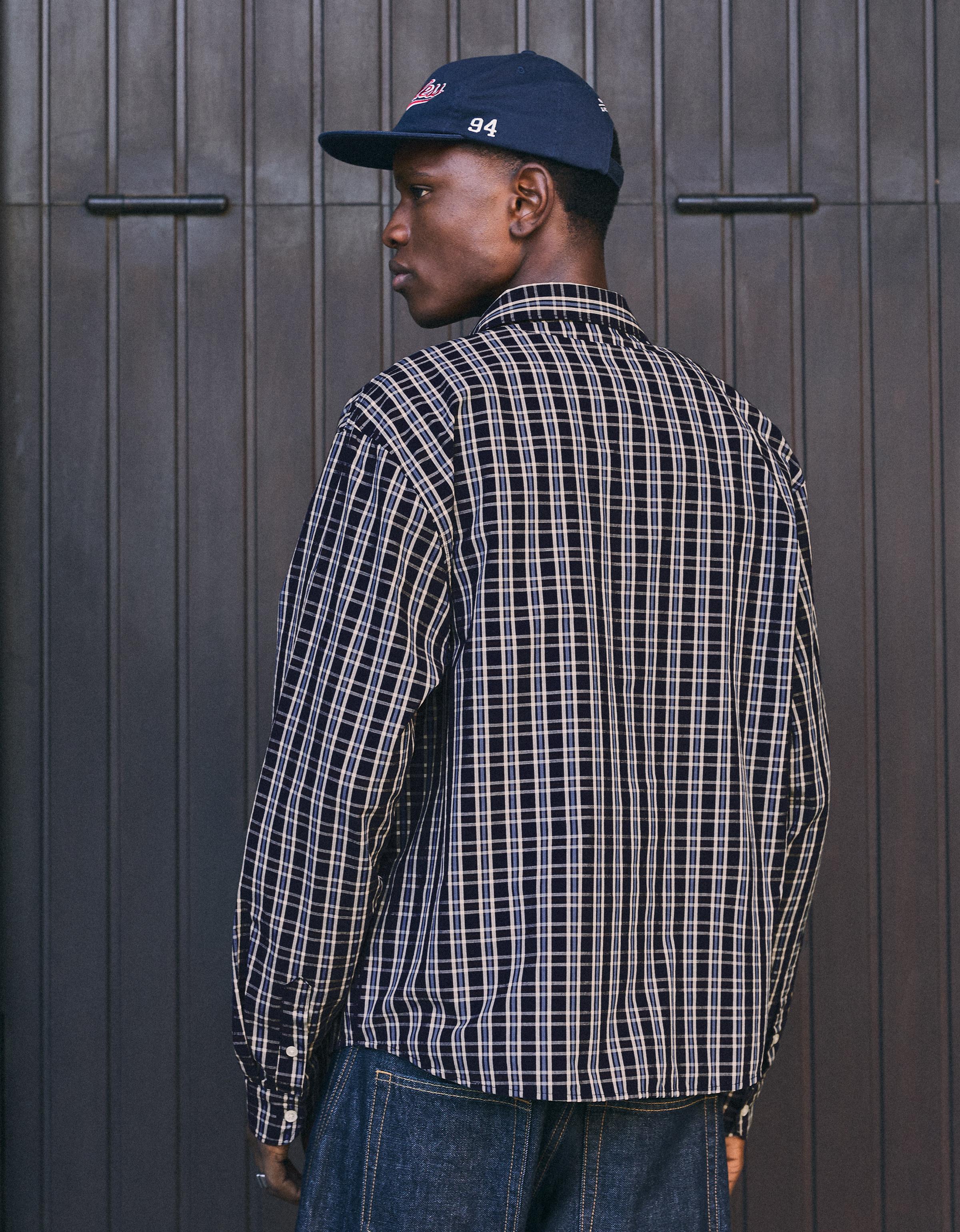 Long sleeve embroidered check shirt — Navy
