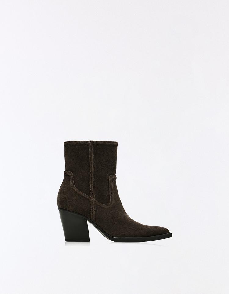Leather cowboy heel ankle boots — TAUPE