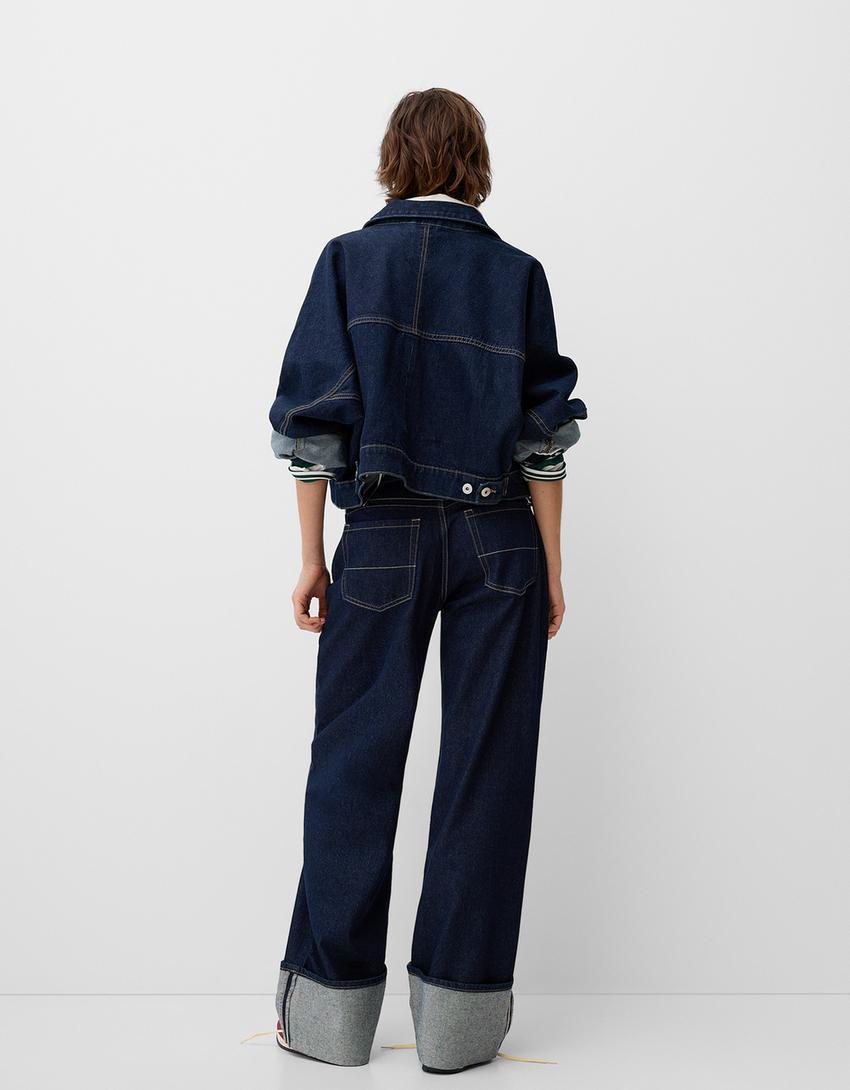 Jean 90’s wide leg bas retroussé-Marine-3
