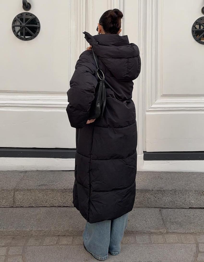 Long hooded water-repellent puffy coat-Black