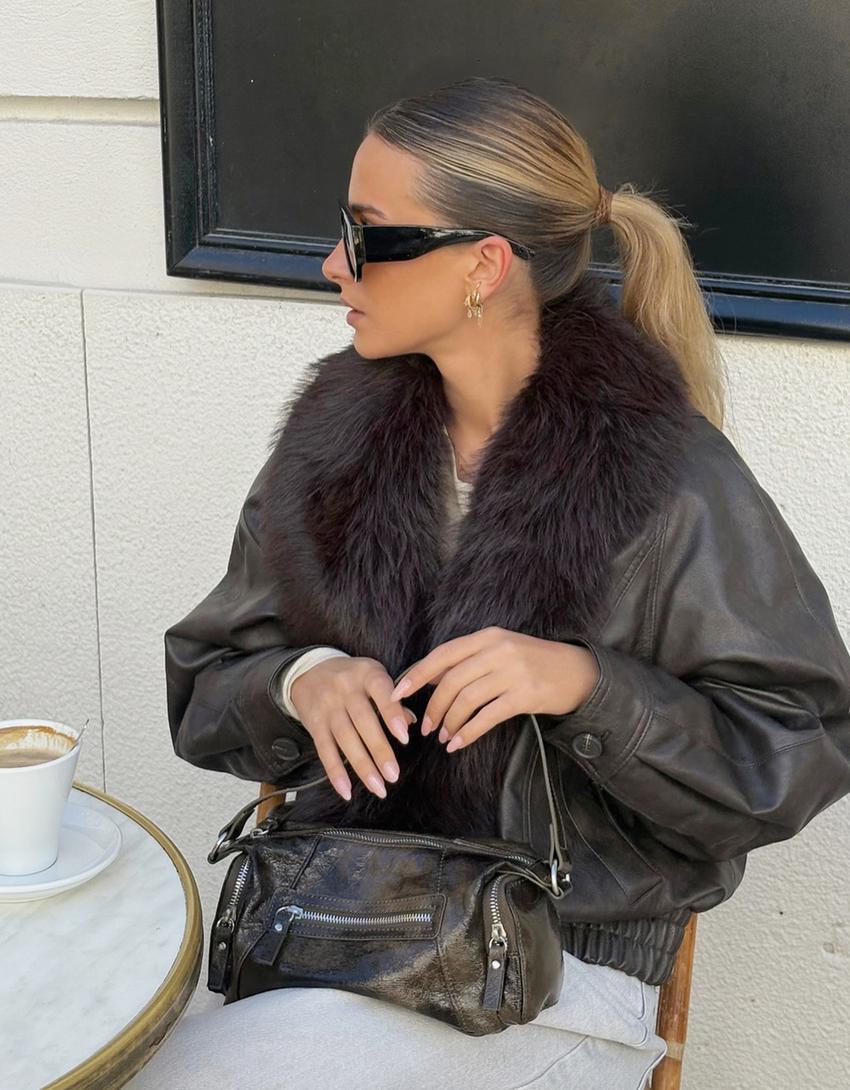Faux leather jacket with faux fur collar-Brown