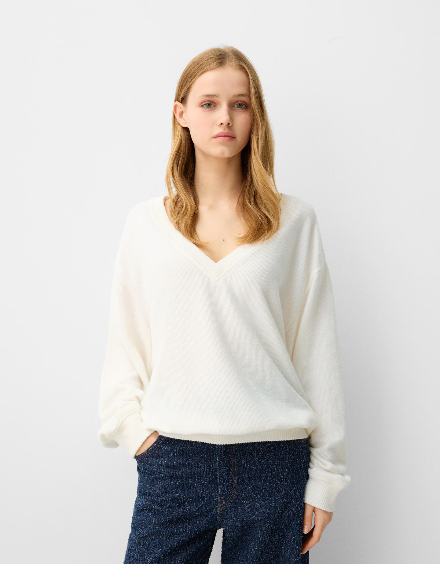 Bershka Jersey Cuello Pico Oversize Mujer S Crudo