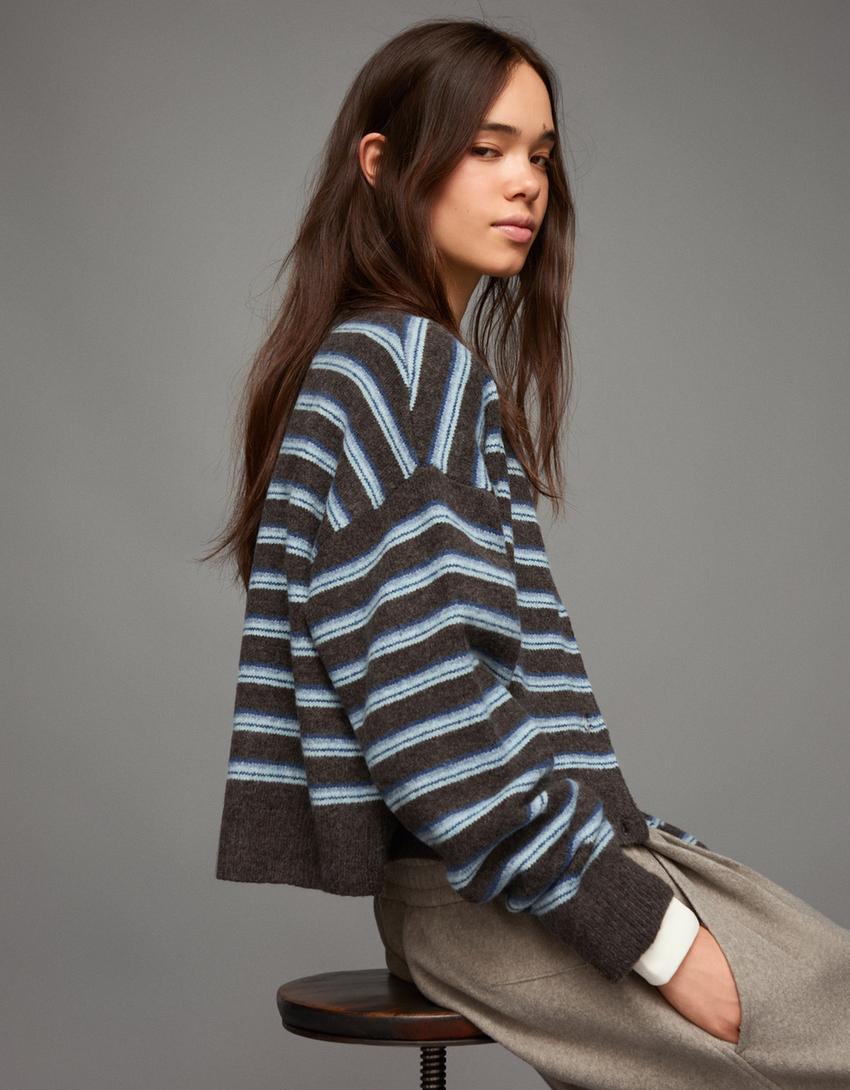 Striped button-up cardigan-Brown