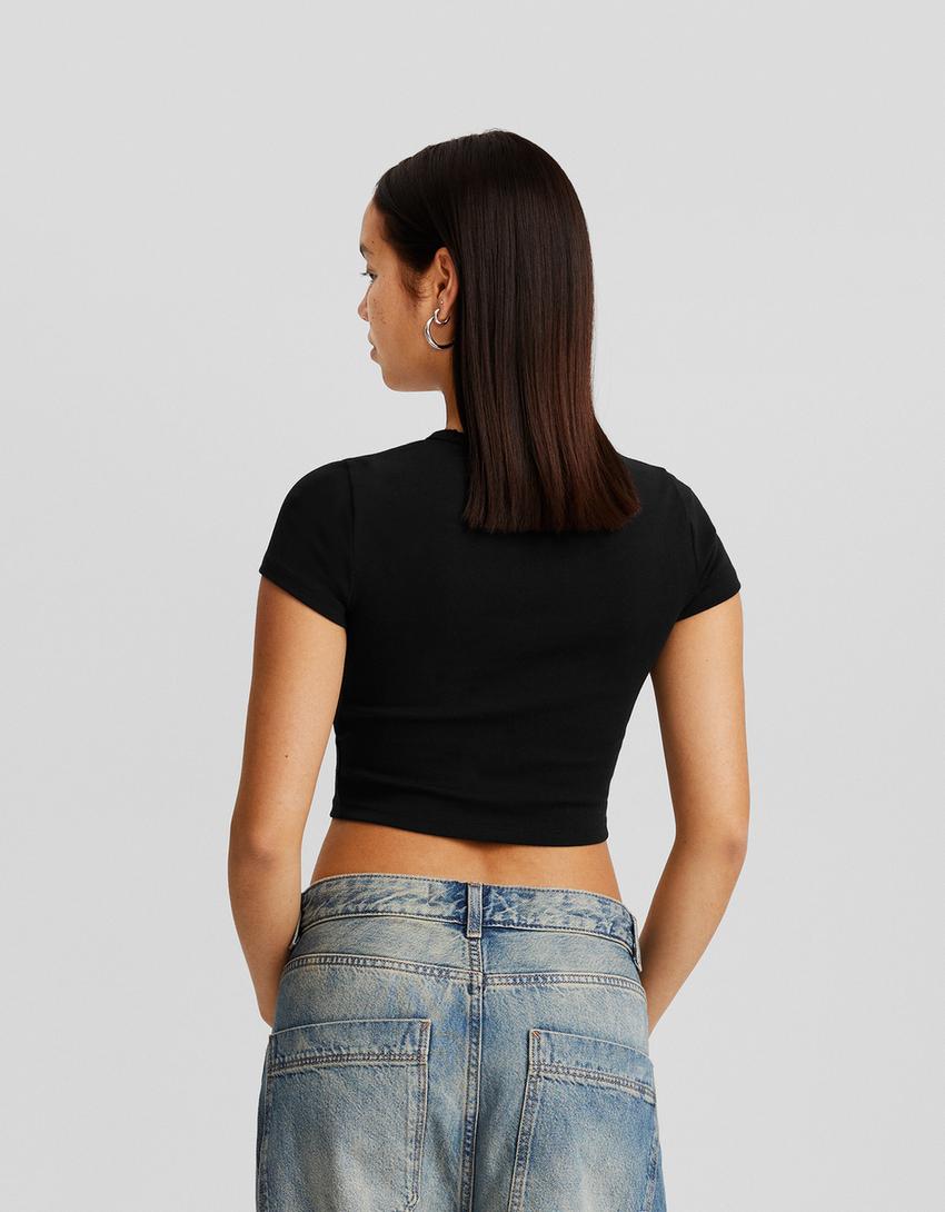 Hannah Montana print short sleeve cropped T-shirt-Black-1