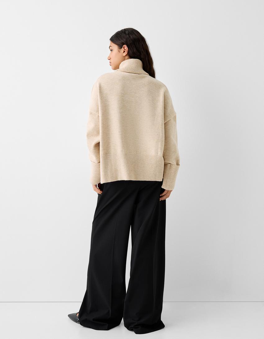 Pull rayé col roulé-Sable-1