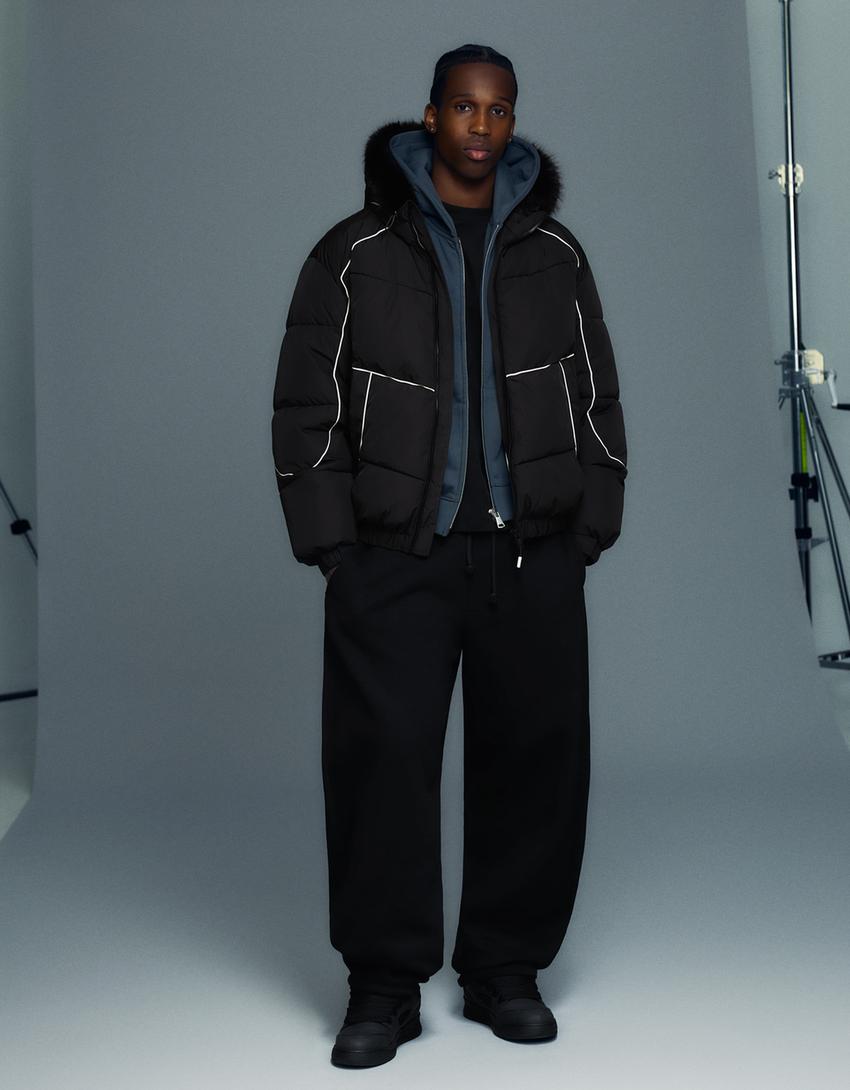 Technical jacket with faux fur hood-Black