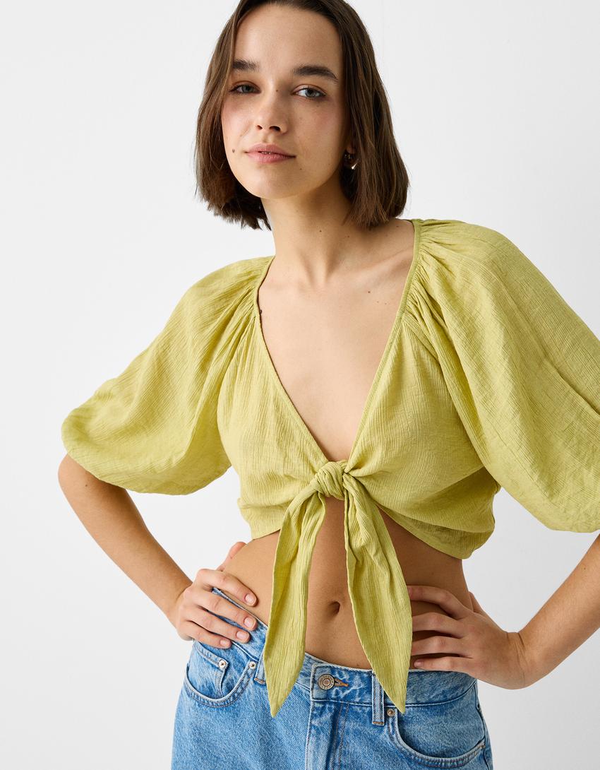 Textured shirt with knot-Green-2