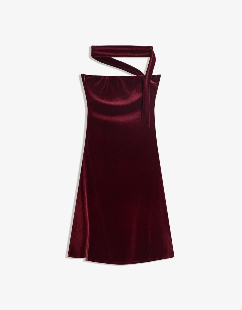 Vestido mini bandeau velvet pañuelo-Burdeos