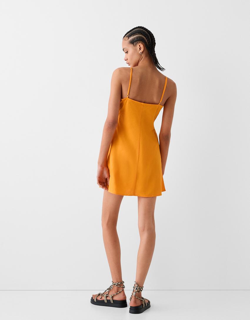 Vestido mini de linho-Laranja-2