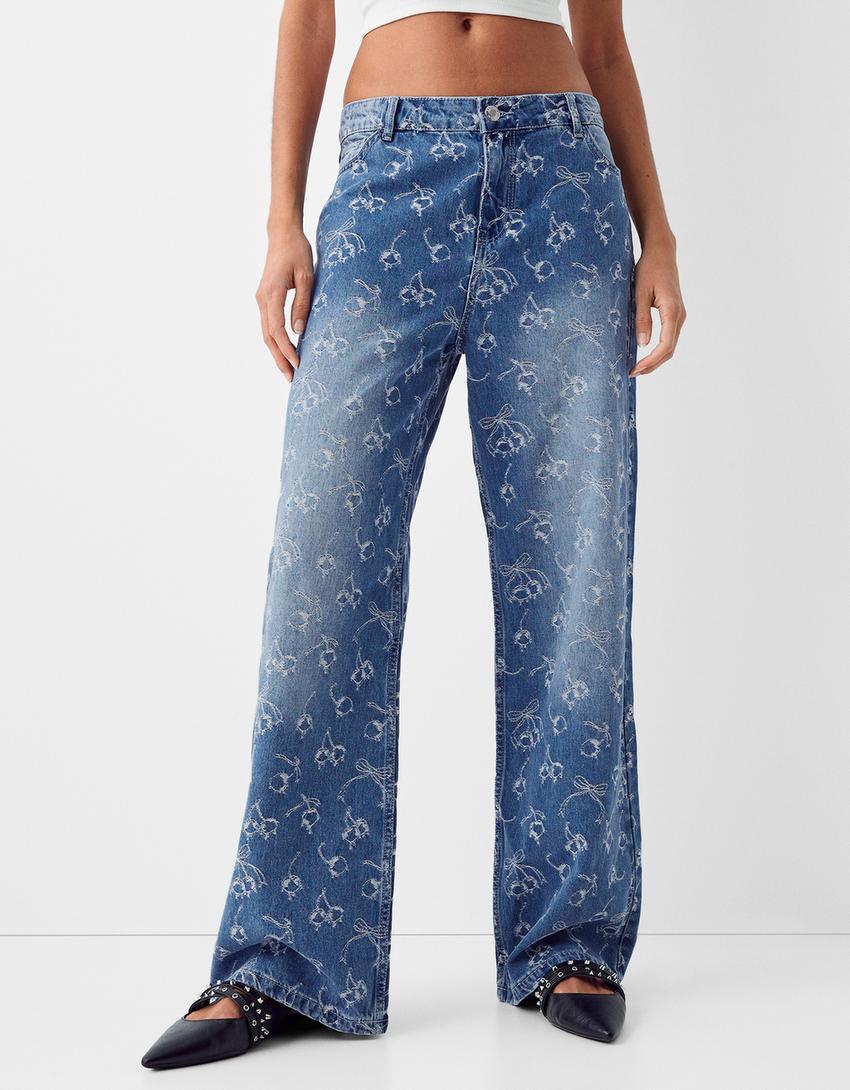 جينز فضفاض بطبعة جاكار-أزرق فاتح-1