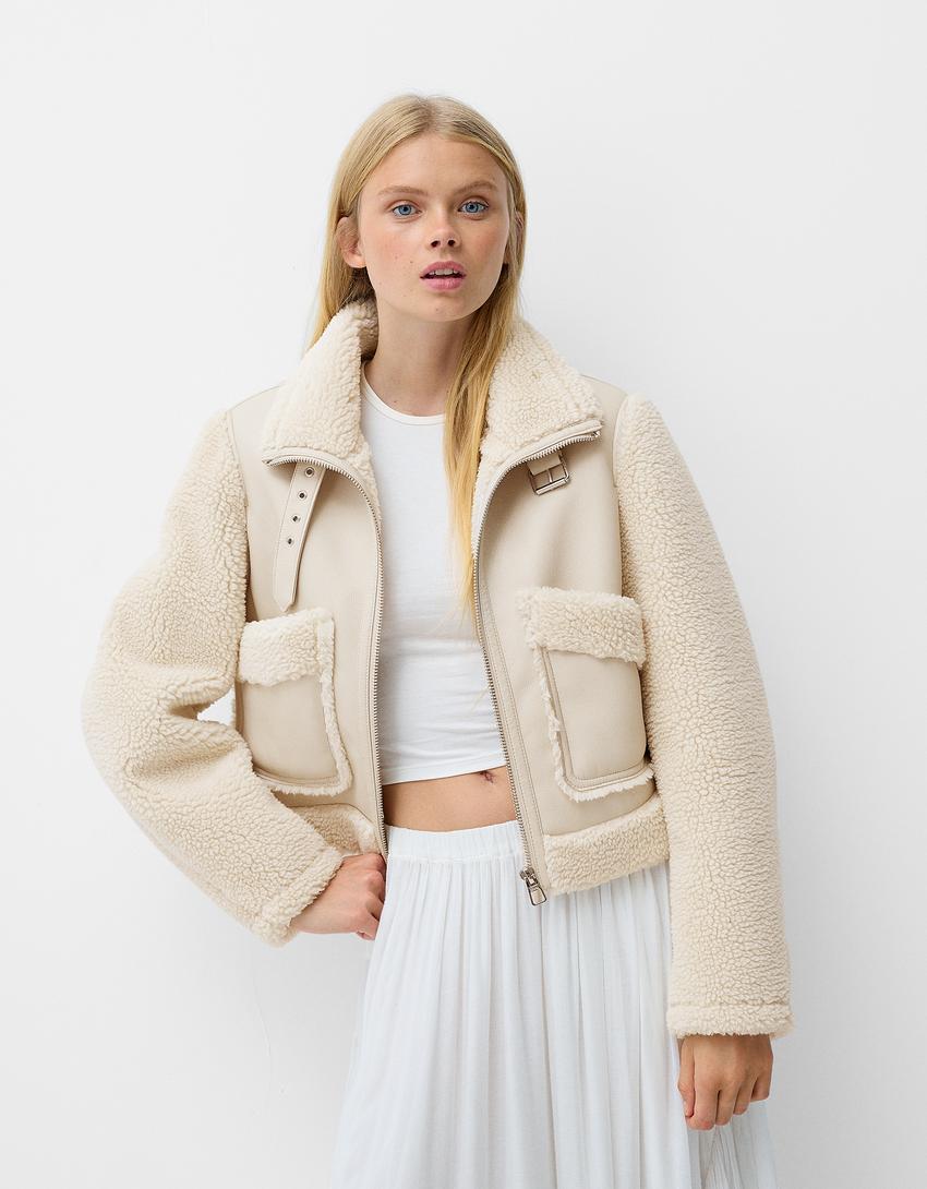 Doubleface-Jacke mit Ärmeln aus Lammfellimitat-Rohweiß-0