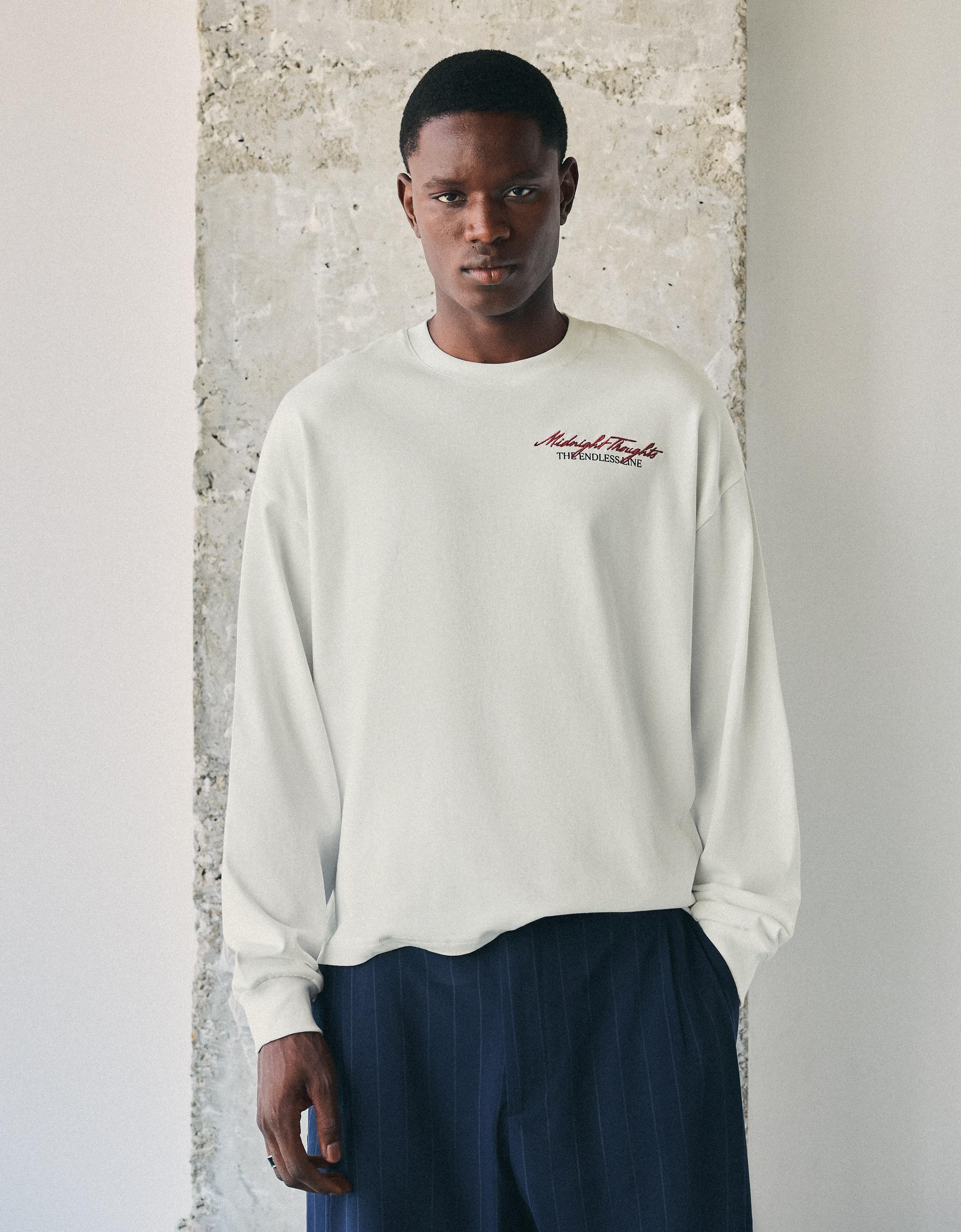 Bershka Camiseta Manga Larga Print Hombre L Blanco