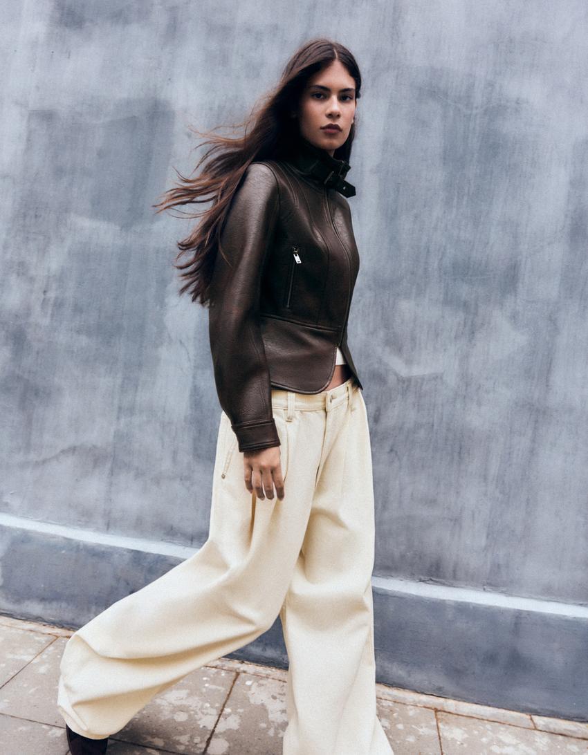 Faux leather peplum jacket-Brown
