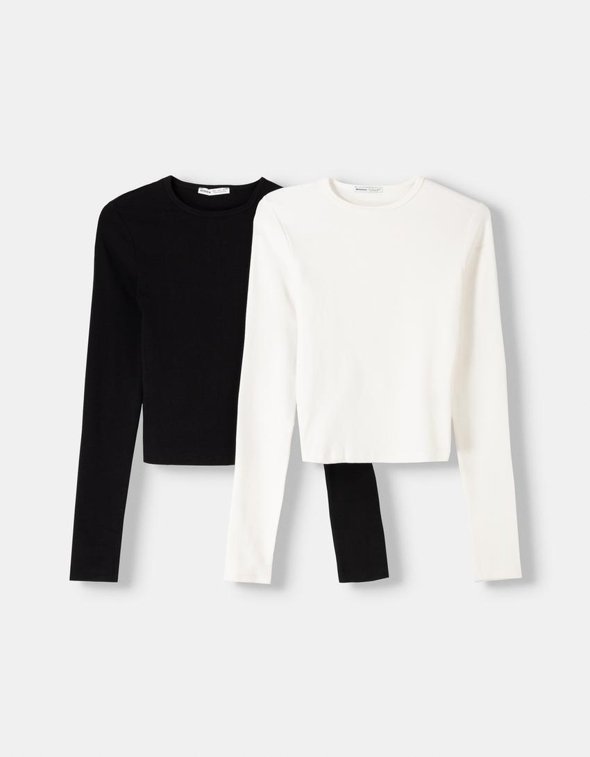 2er-Pack Langarmshirts mit langen Ärmeln und Rundausschnitt-Kombiniert