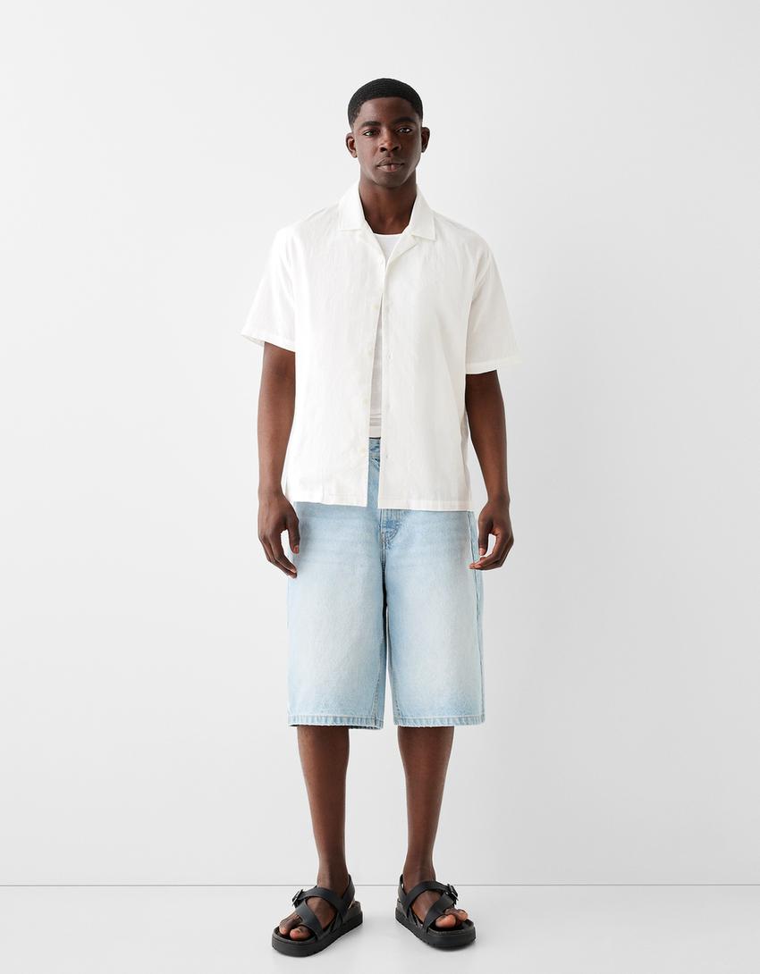 قميص قطني بأكمام قصيرة وملمس بارز-أبيض مطفي-4