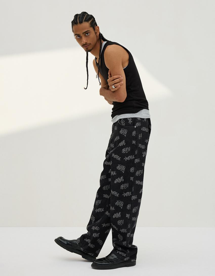 Baggy jacquard jeans-Black