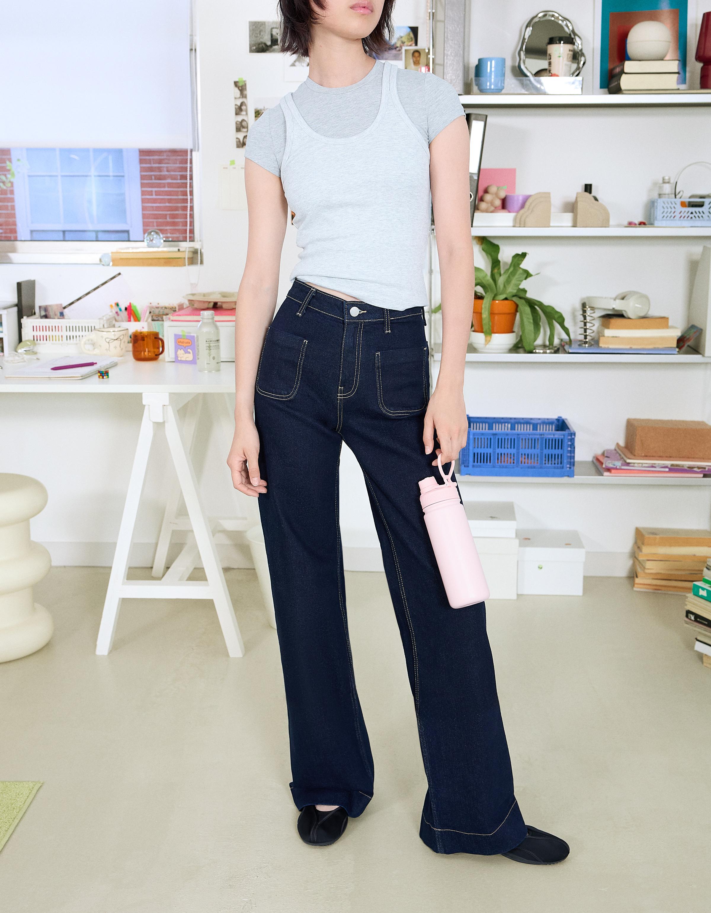 Yüksek bel dikişsiz cepli geniş paça jean - Görsel 37