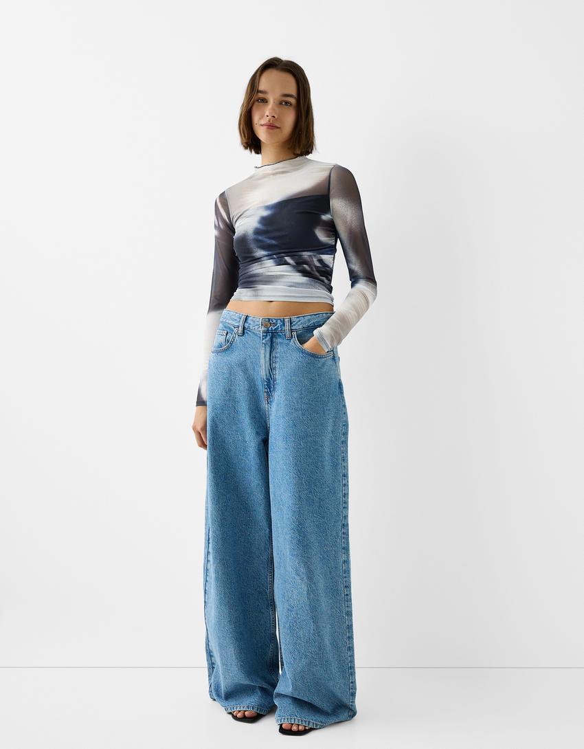 تيشرت تول بزمة وأكمام طويلة-رمادي-3