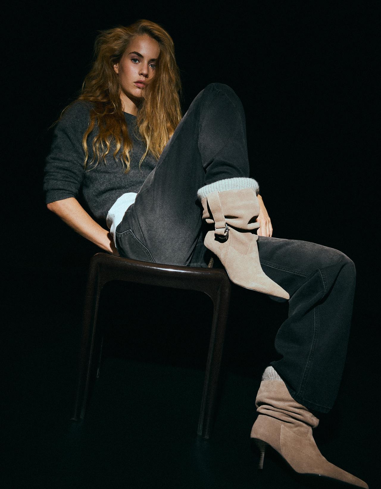 SLOUCHY LEATHER SOCK ANKLE BOOTS — BEIGE