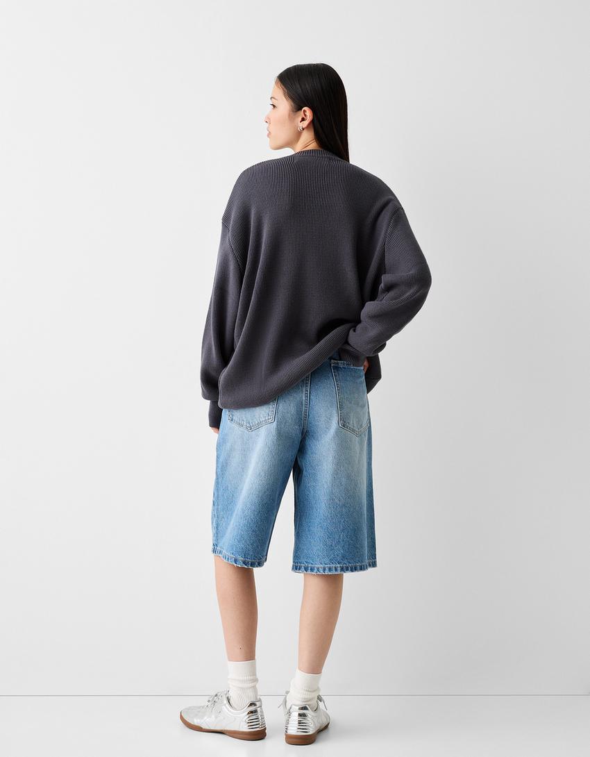 Pull maille côtelée imprimé-Gris foncé-1