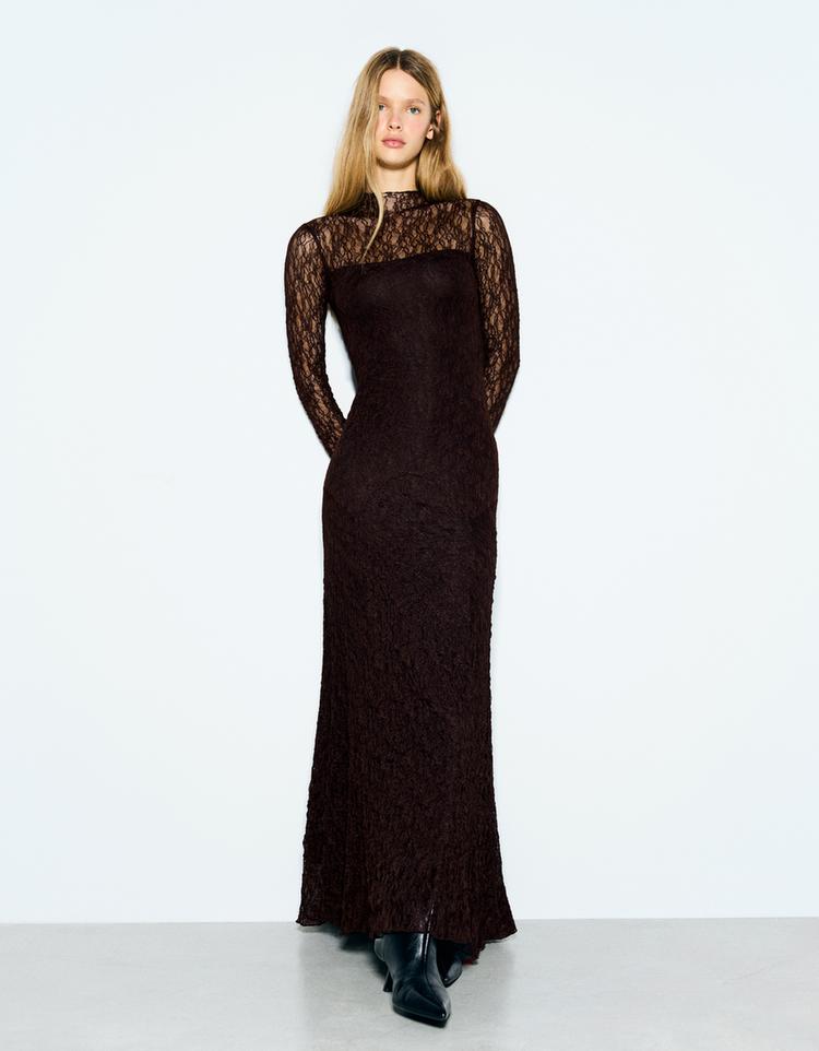 Long sleeve lace maxi dress — Brown