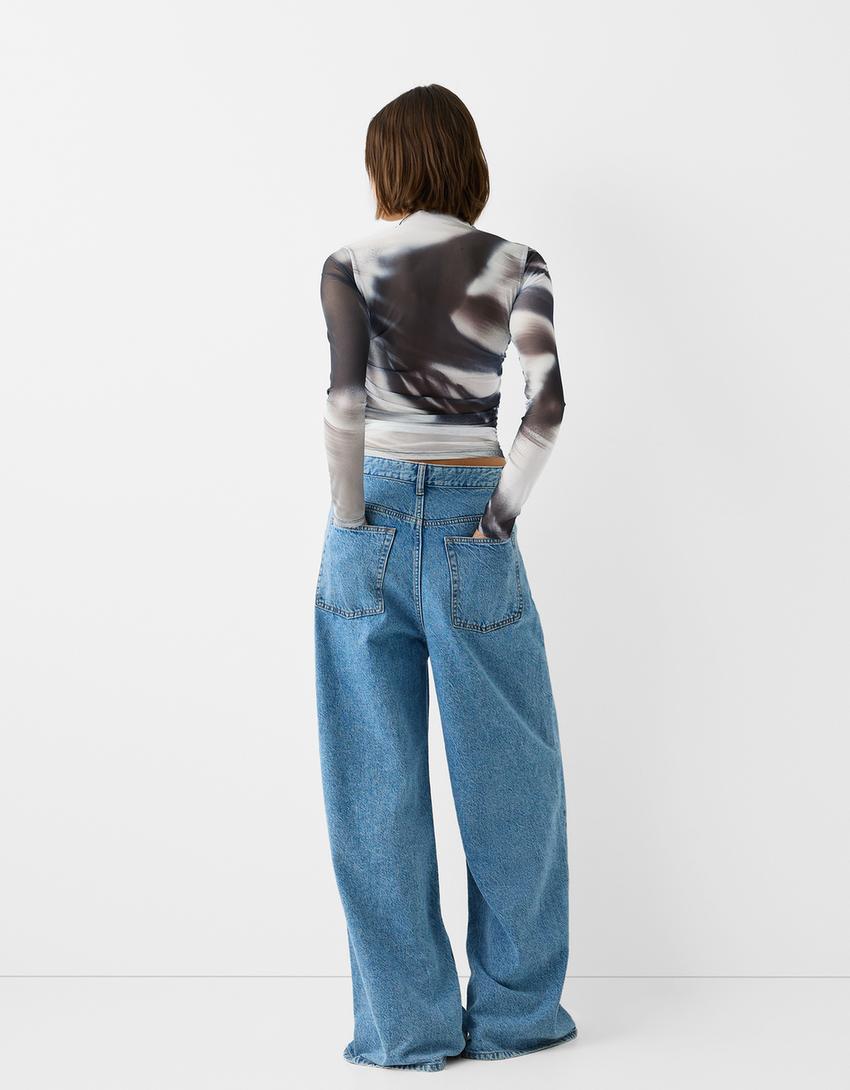 تيشرت تول بزمة وأكمام طويلة-رمادي-1