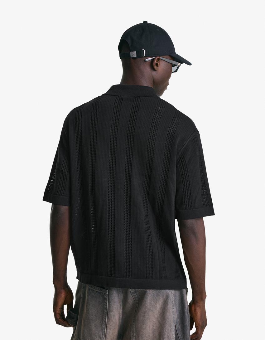 Textured openwork polo shirt-Black