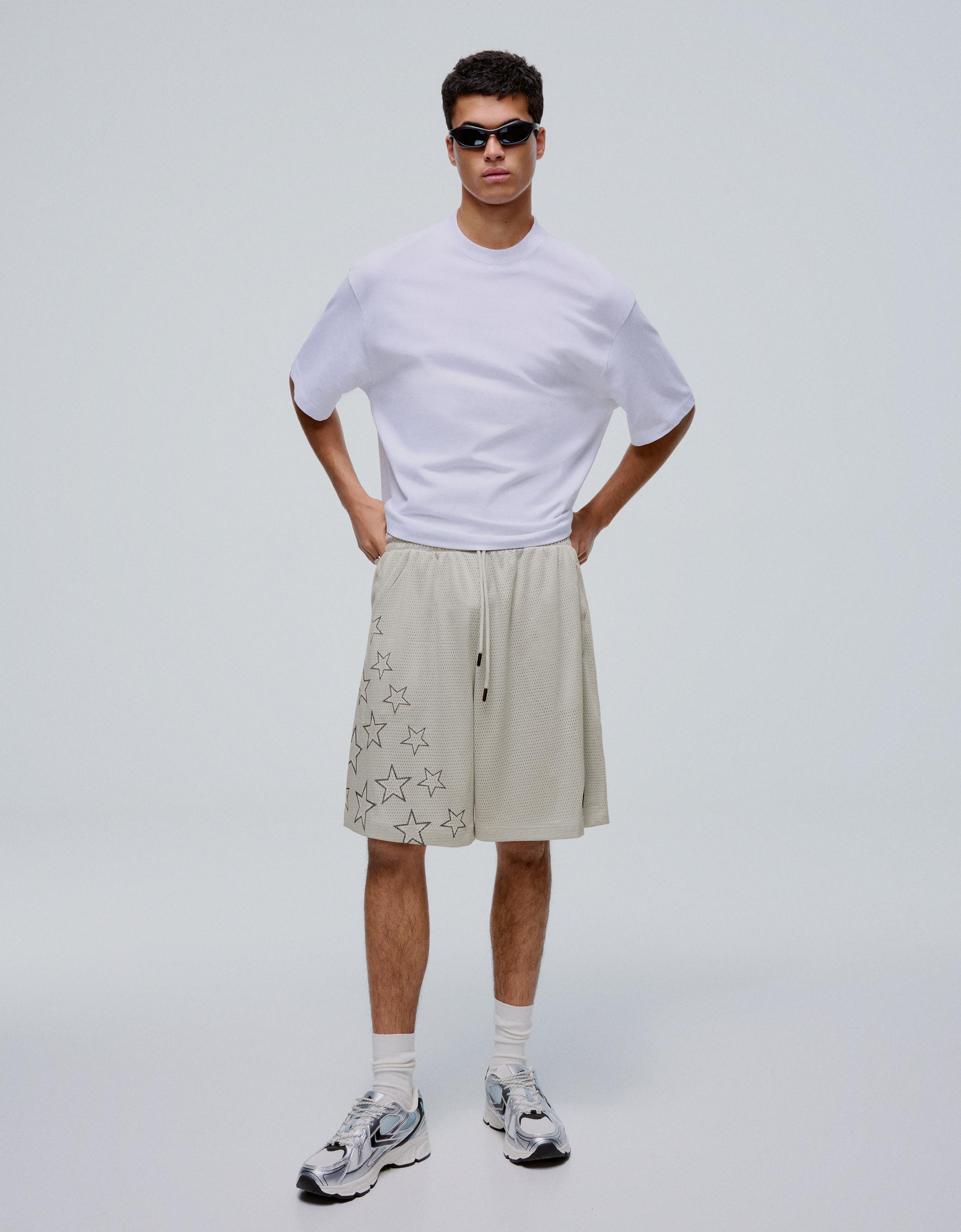 Bershka Bermuda Rete Stampata Uomo M Grigio