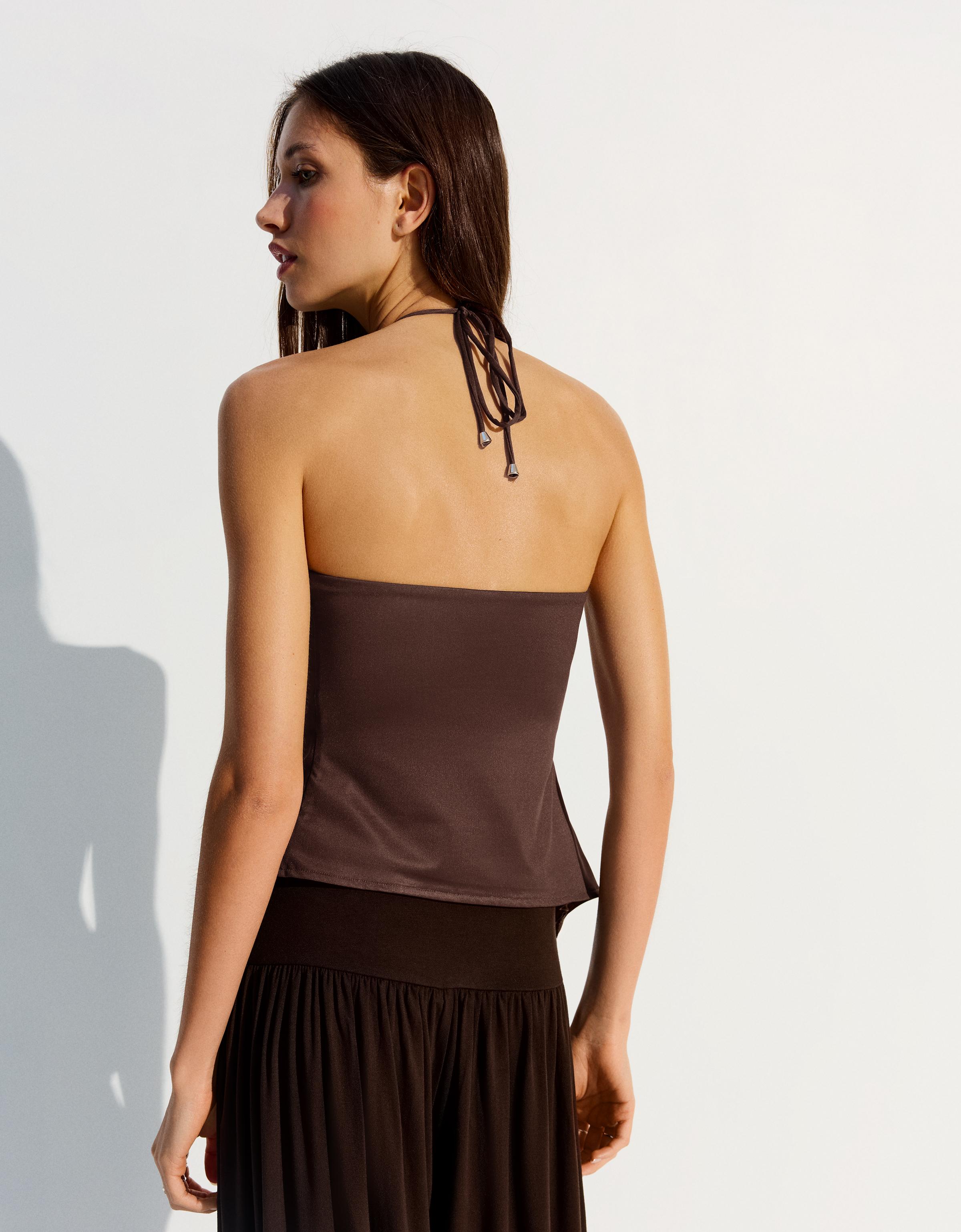 Halter neck print top — Brown